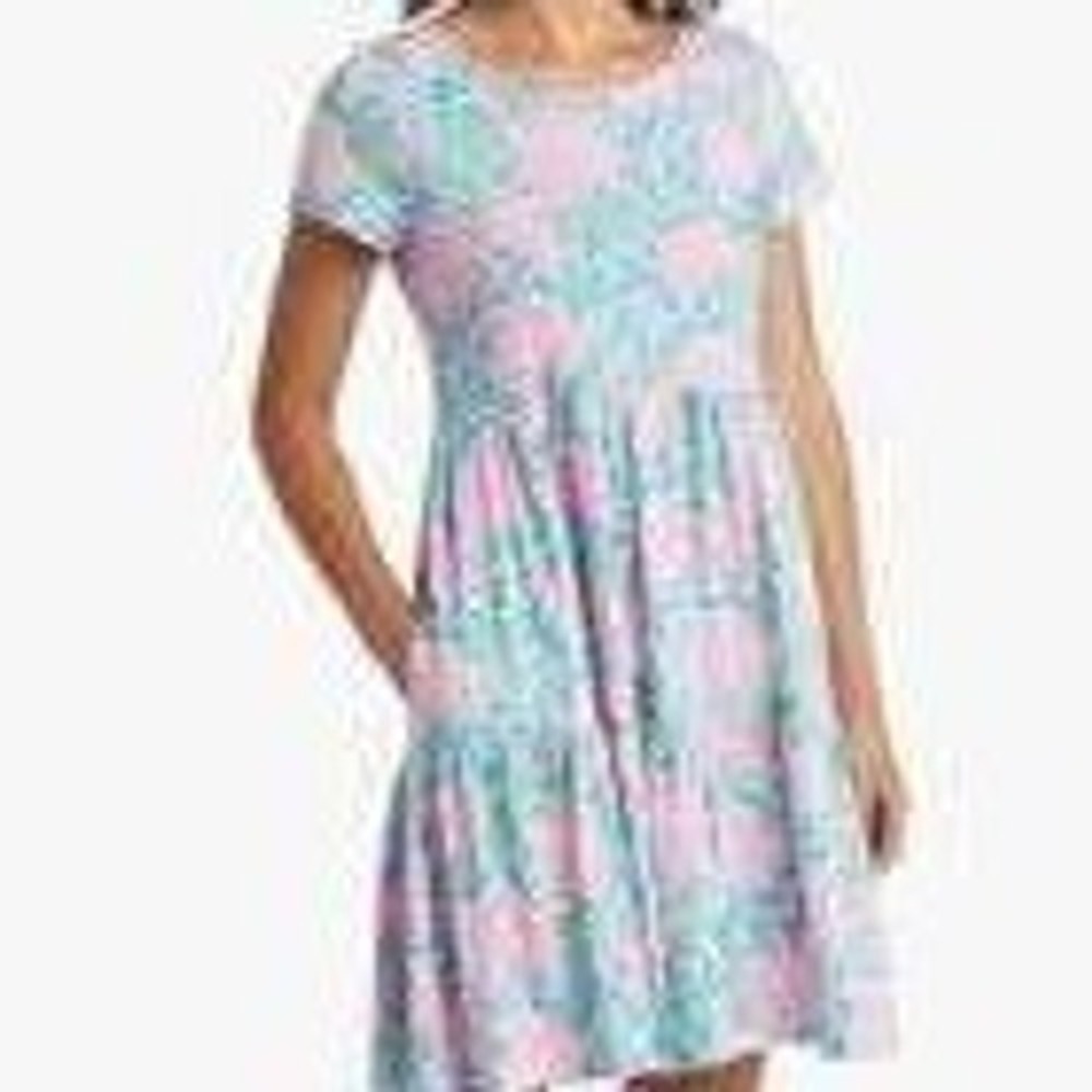 Lilly Pulitzer Pink Green Sea Turtle Floral Tiered Cotton Knit Dress 010343 L